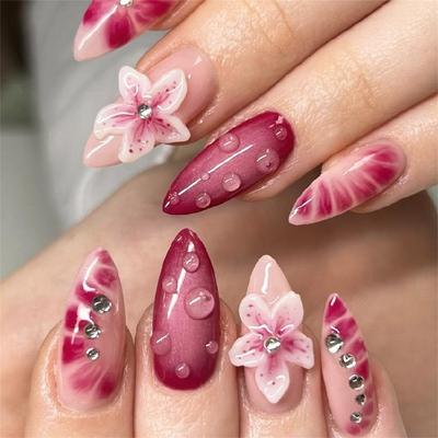 24 Pcs 3D Flowers Stick On Nail Rhinestones Artificial Nail Almond Shape False Nail Glossy Press On Nail for Woman