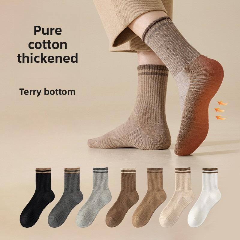 Men's Autumn and Winter Thickened Pure Cotton Wool Loop Bottom Color-blocked Mid-calf Socks, Warm Towel Bottom Anti-odor Sports Long Calf Socks