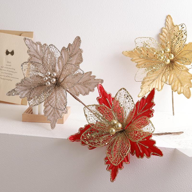 Christmas Tree Decoration 24cm Mesh Gold, Red Champagne Silver, Christmas Flowers, Artificial Flowers, Hotel Rattan