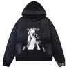 Erkek Geniş Kesim Pamuklu Kapüşonlu Fermuarlı Sweatshirt Sokak Giyim Günlük Harf Baskılı Uzun Kollu Tişört