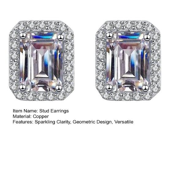 1 Pair Stud Earrings Square Geometric White Cubic Zirconia Clear Ice-Like Stone Ear Studs Retro French Style Jewelry Accessories