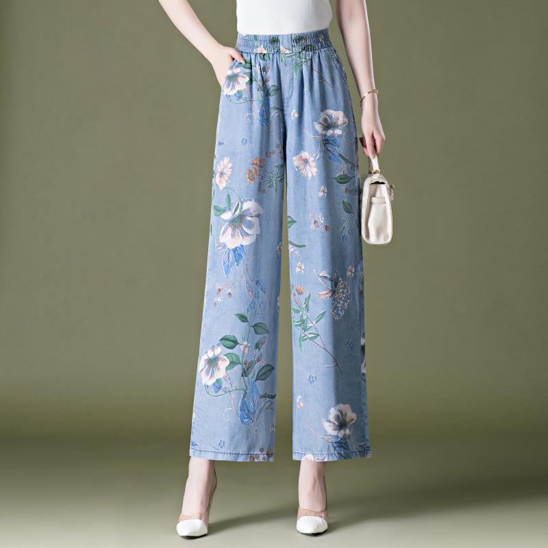 

Джинсы Tencel, классные брюки, летние, с высокой талией, широкие брюки, прямые, свободные, драпированные, повседневные брюки для женщин 34 синий