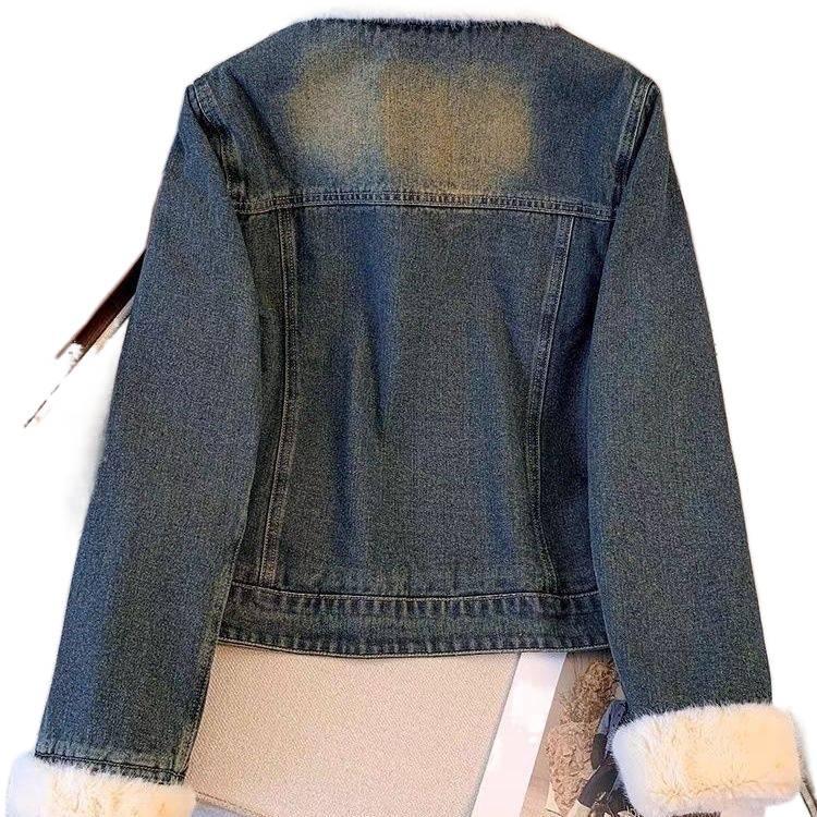 New Velvet-Lined Denim Slimming Jacket – Winter Warmth, Retro Style