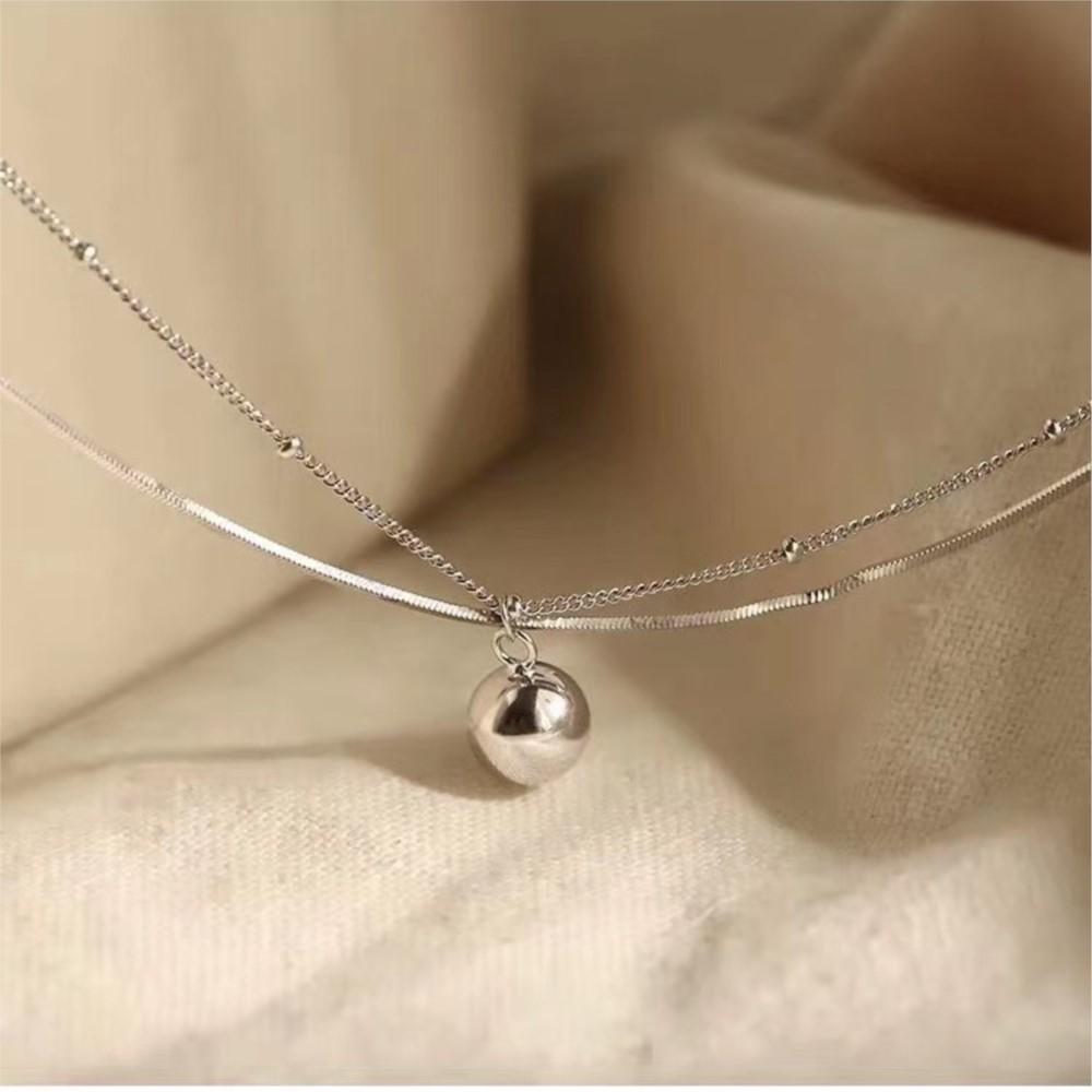 PANJBJ 925 Silver Circle Ball Necklace for Women Versatile Clavicle Chain Double Layer Versatile Office Minimalist Jewelry Gift