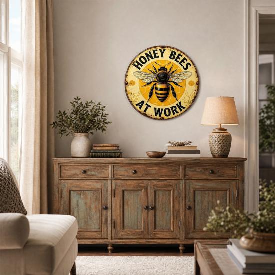 Letrero Redondo de Abejas Melíferas, Letrero Metálico de Abejas Melíferas Trabajando, Letrero Retro de Decoración de Pared para Cafetería Bar Pub Arte de Pared para el Hogar