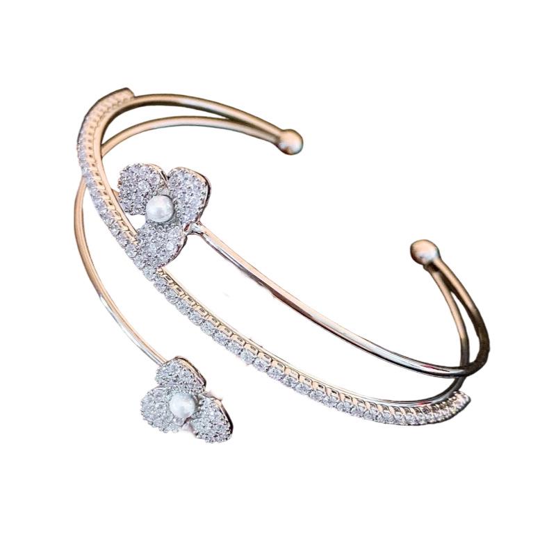 Exquisite Zircon Flower Multi-layer Open Bangle - Elegant Japanese and Korean Inspired Women's Jewelry