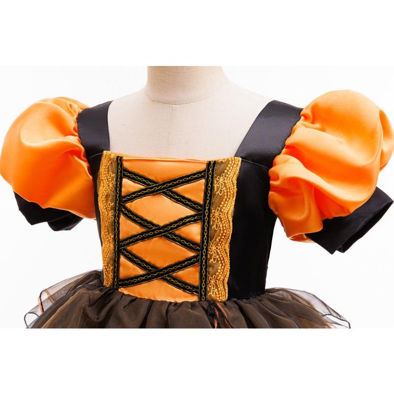 Girls Halloween Cosplay Witch Dress Puff Sleeve Pumpkin Tulle Tutu
