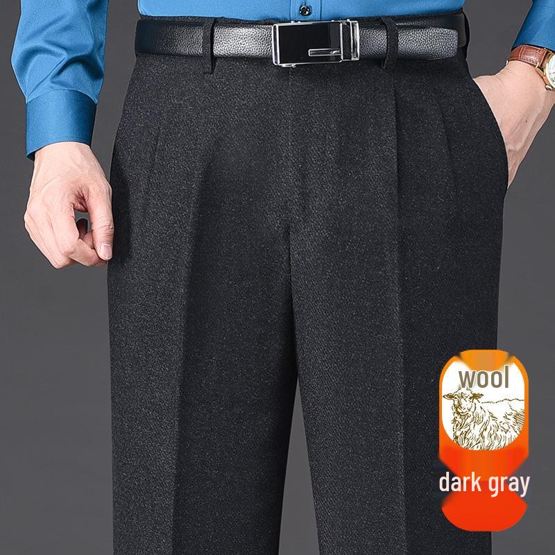 Herren Wollfleece-Hosen mit hohem Bund: Herbst/Winter, Doppelfalte, Lockerer Schnitt, Gerades Bein für mittleres und älteres Alter.