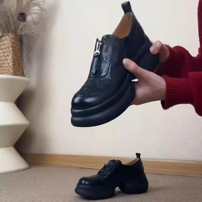 Self-kept Version~ Thick-soled Muffin Bottom Deep Mouth Women's One-pedal Round Head Retro Small Leather Shoes Versatile Single Shoes