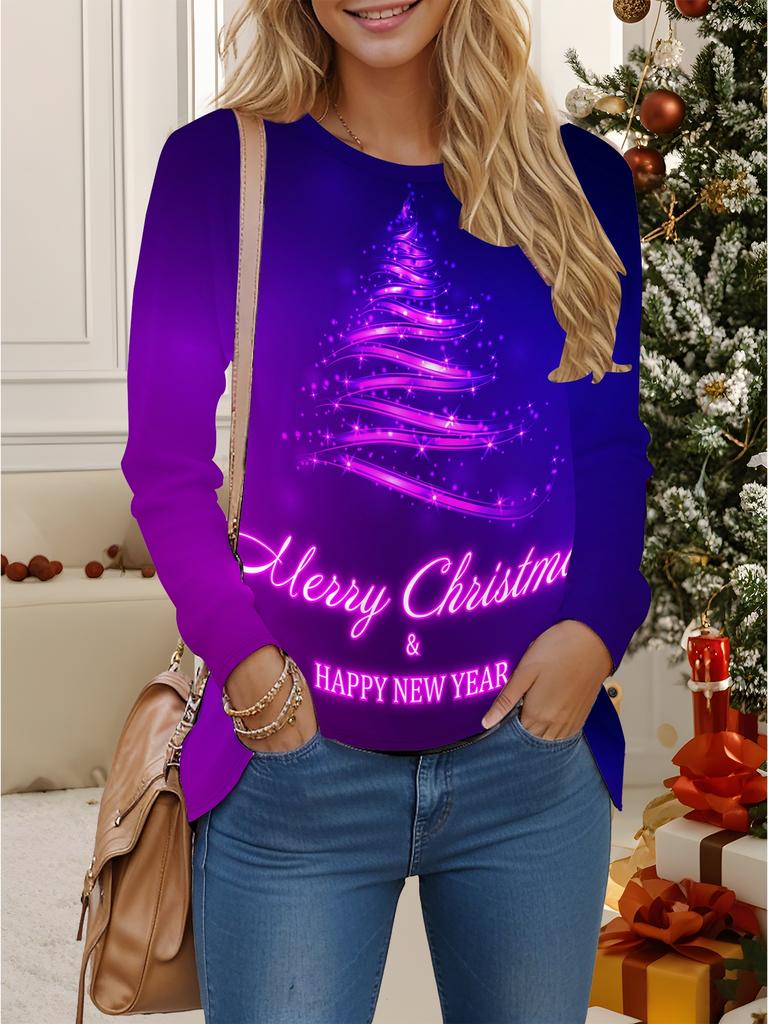 Tops for Women  3D  Christmas Print  Round Neck Long Sleeve T-shirt Fall Casual Slim Pullover Women's Long Sleeve Top