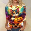 Dámské módní ležérní top s tříčtvrtečním rukávem a halloweenským potiskem, kulatý výstřih
