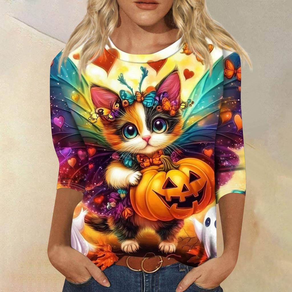 Dámské módní ležérní top s tříčtvrtečním rukávem a halloweenským potiskem, kulatý výstřih