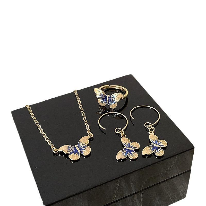 French Retro Oil Drop Butterfly Metal Necklace Female Design Sense Niche Personality Simple Temperament Fashion Earrings Ring