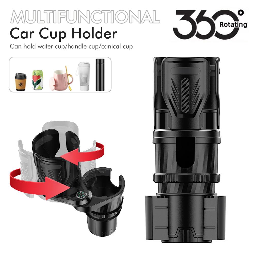 Multi-Functional Car Cup Holder with Beverage Rack and Instant Noodle Holder Features a Compass and Extendable Base