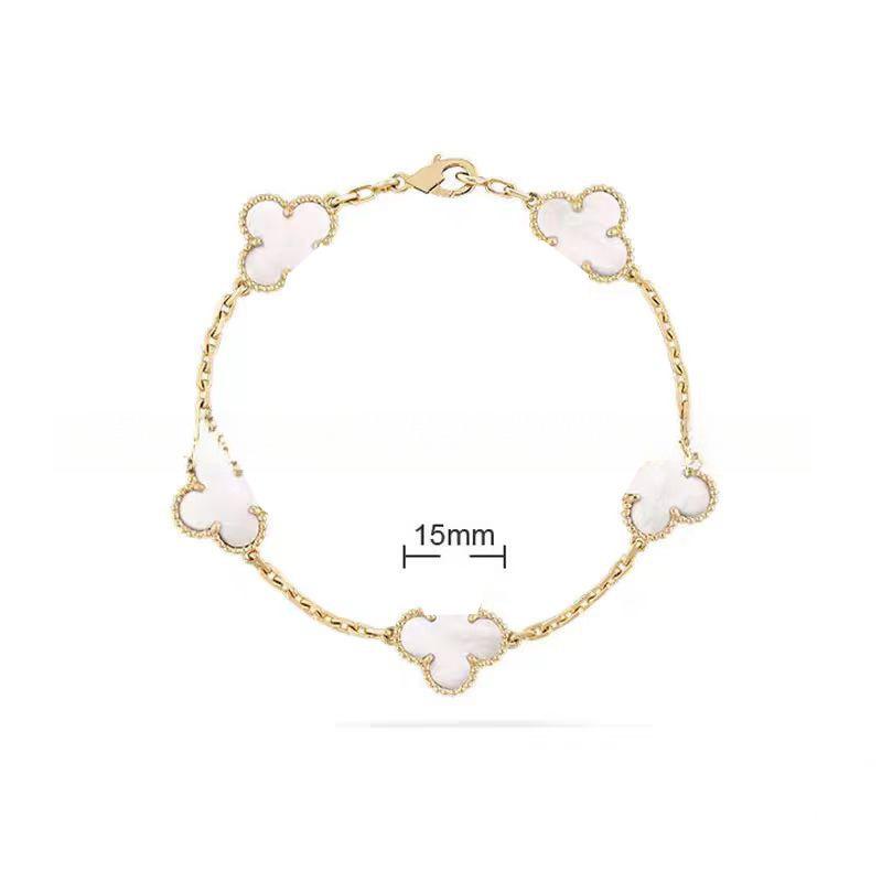 15MMHigh-quality Four-leaf Clover Five-flower Bracelet for Women 18k Natural White Mother-of-pearl and Red Chalcedony Bracelet