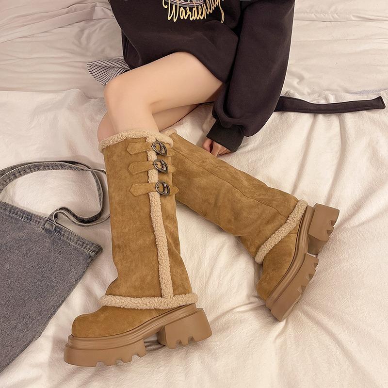 High Snow Boots Winter New Round Toe Scrub Fleece Metal Buckle Platform Non-slip Block Heel Cotton Shoes