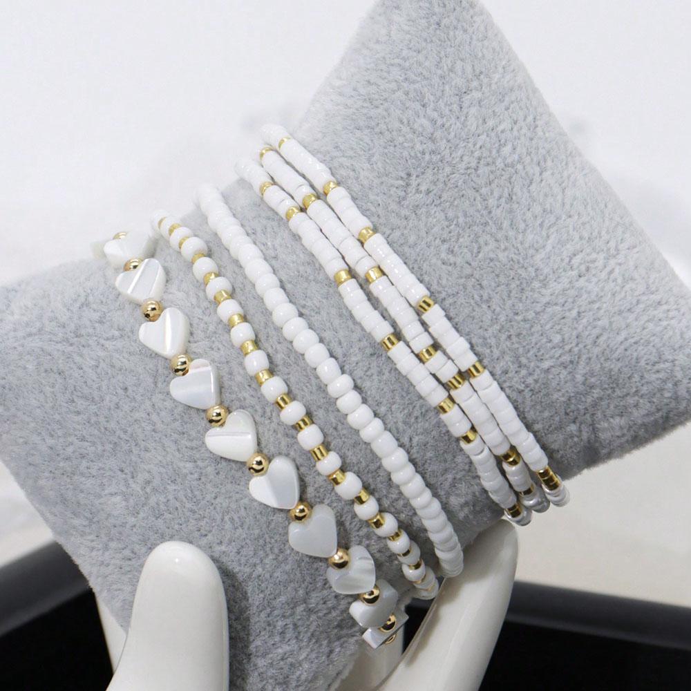 6pcs Set Of Delicate White Bead Heart & Shell Handmade Beaded Elastic Multi-Layer Bracelets For Valentine's gift B082
