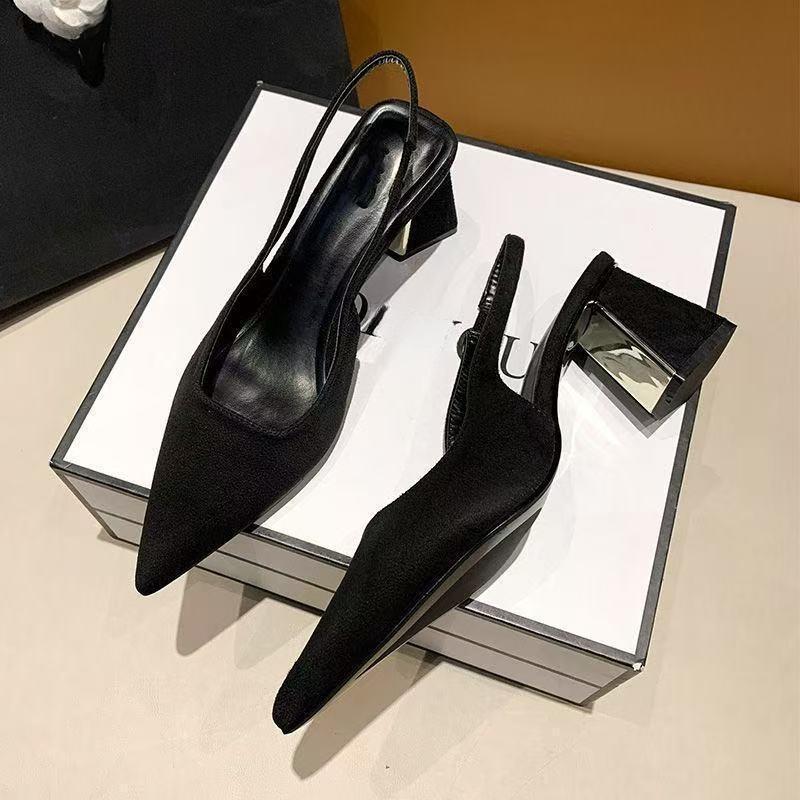 Baotou sandals summer suede shoes high heels sandals pointed back strap black new middle heel single shoes light mouth fashion