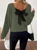 2025 Women's V-neck Solid Color Sweater: European & American Style, Autumn Long Sleeve, Casual Loose Fit with Bowknot