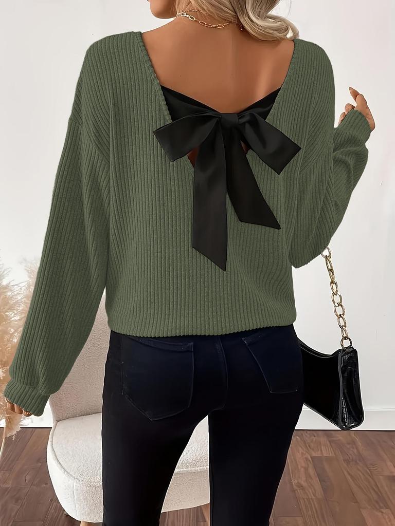 2025 Women's V-neck Solid Color Sweater: European & American Style, Autumn Long Sleeve, Casual Loose Fit with Bowknot