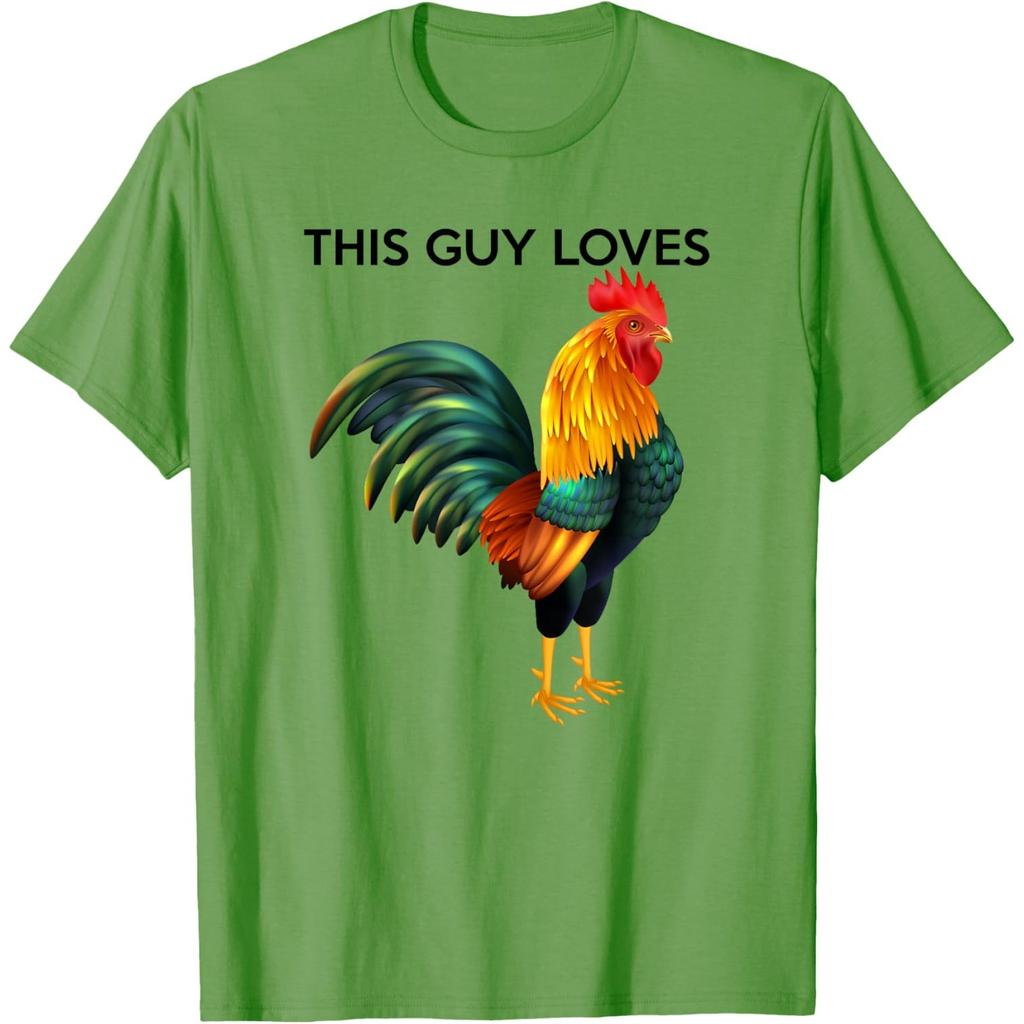 Funny Rooster Graphic Tee This Guy Loves Chicken Print Casual Cotton T-Shirt