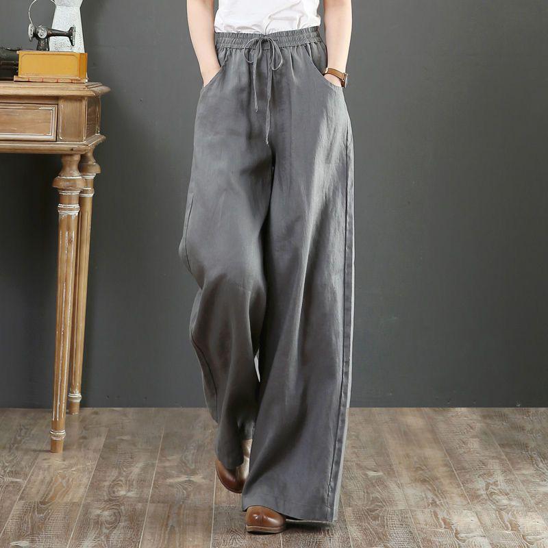

Women s Summer Casual Wide-Leg Cotton-Linen Pants: Japanese Style, Plus Size, Elastic High Waist, Floor-Length S сірий колір