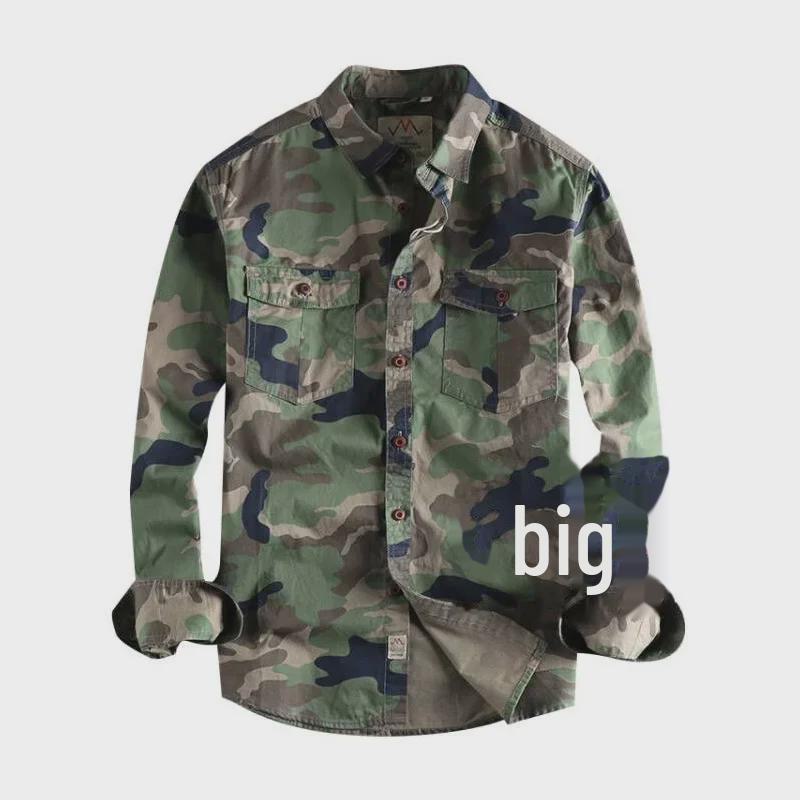 Men's Camouflage Military Workwear Shirt - Long Sleeves, Double Pockets, Casual Style