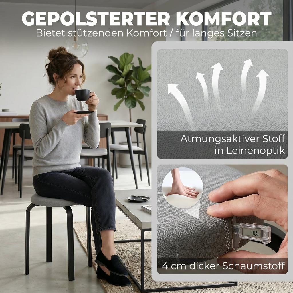 Stapelbarer Hocker Set aus 4 Stück, Moderne Polsterhocker Rund ohne Rückenlehne für Küche, Esszimmer, Grau
