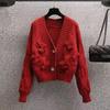 Pullover Damen Herbst und Winter Oberbekleidung Retro Japanischer Lazy Style V-Ausschnitt Schleife Locker gestrickte Strickjacke