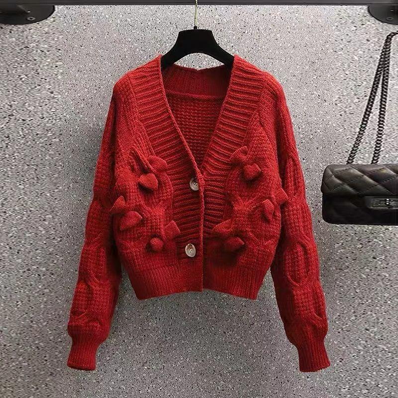 Pullover Damen Herbst und Winter Oberbekleidung Retro Japanischer Lazy Style V-Ausschnitt Schleife Locker gestrickte Strickjacke