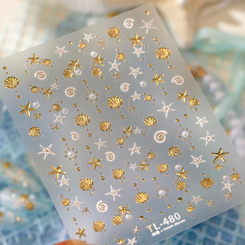 Gold Stamped Shell Conch Scallop Starfish Pearl 5D Embossed Self Adhesive Nail Art Stickers Delicate Ocean Style Manicure Decals