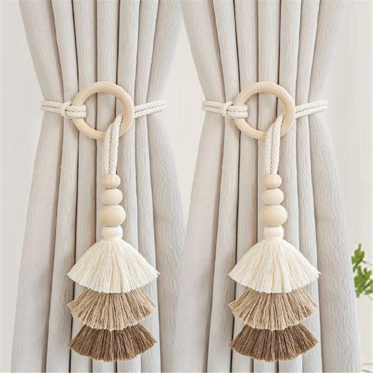 2 Pack Cotton Rope Curtain Holdbacks Ties Decorative Drapery Clip With Fringe and Wooden Beads for Living Room Decors
