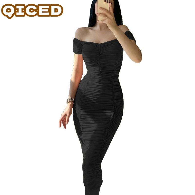 QICED Fashion Summer Spring Solid Color Print Short Sleeve Casual Dresses Unique Design