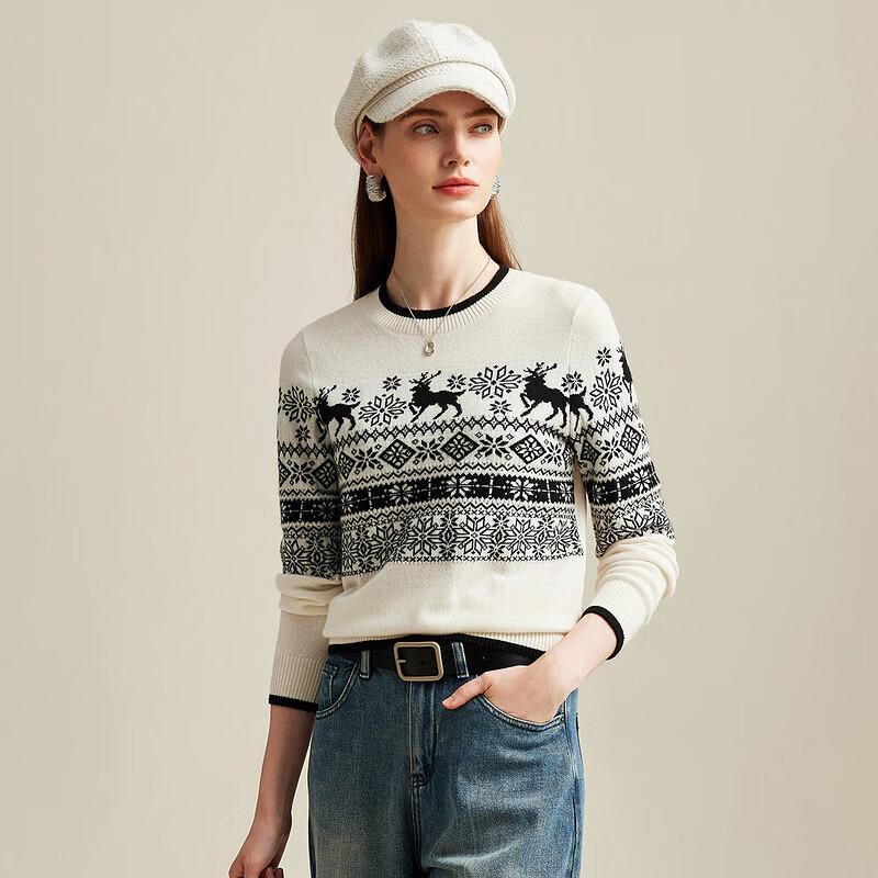 Zhaojun Dámský žakárový svetr z čistého kašmíru s kulatým výstřihem