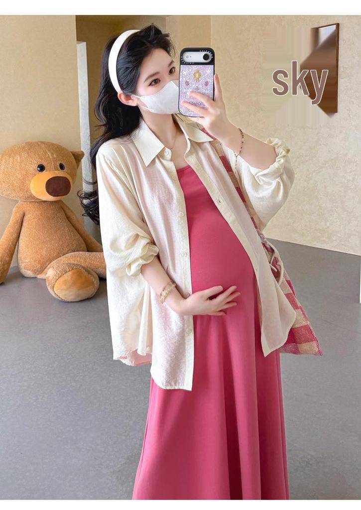 Maternity Summer Sun Protection Cardigan & Vest Dress Set - Casual Two-Piece Skirt
