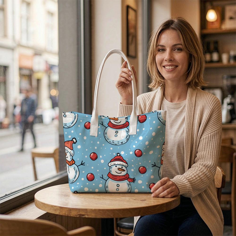 Cute Snowman Print Tote Bag for Winter Holiday Daily Shopping Portable Lightweight Carryall