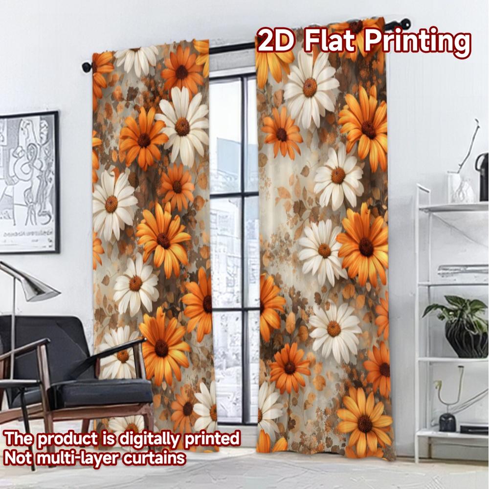 2D FLAT PRINTING 2pcs Curtains (Without Rod) Autumn Orange and White Daisies Modern Fashionable Curtains 100% Polyester Curtains