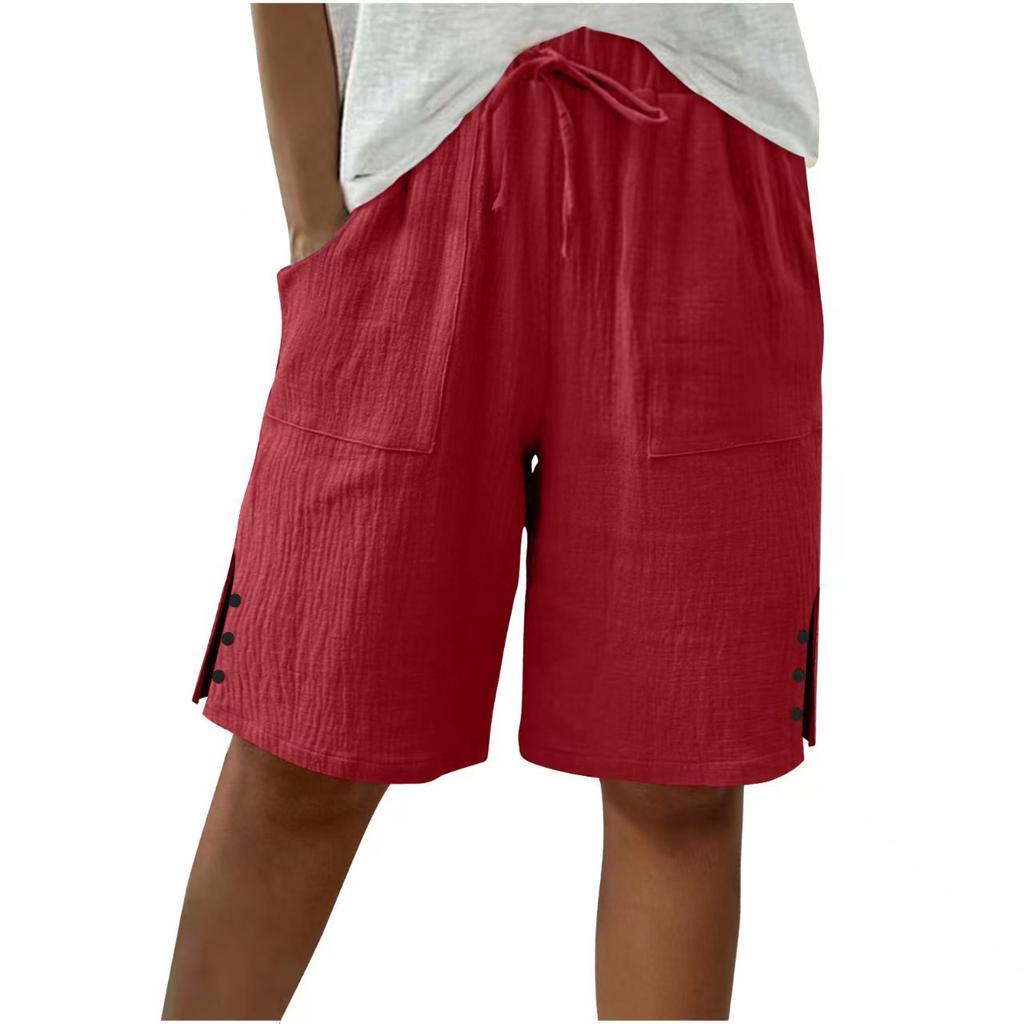 Women's Cotton Linen Drawstring Elastic Waist Casual Shorts with Pockets and Side Split Buttons