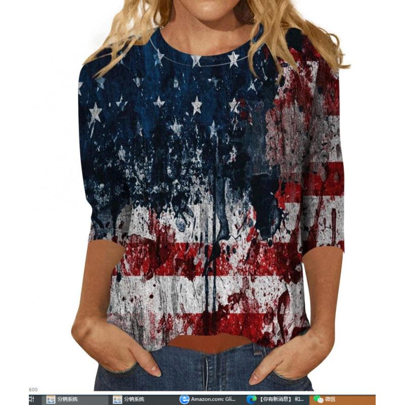 Spring and Summer New Women's Slim Fit Imitation Cotton Round Neck Printed Solid Color Three-quarter Sleeve Long Sleeve