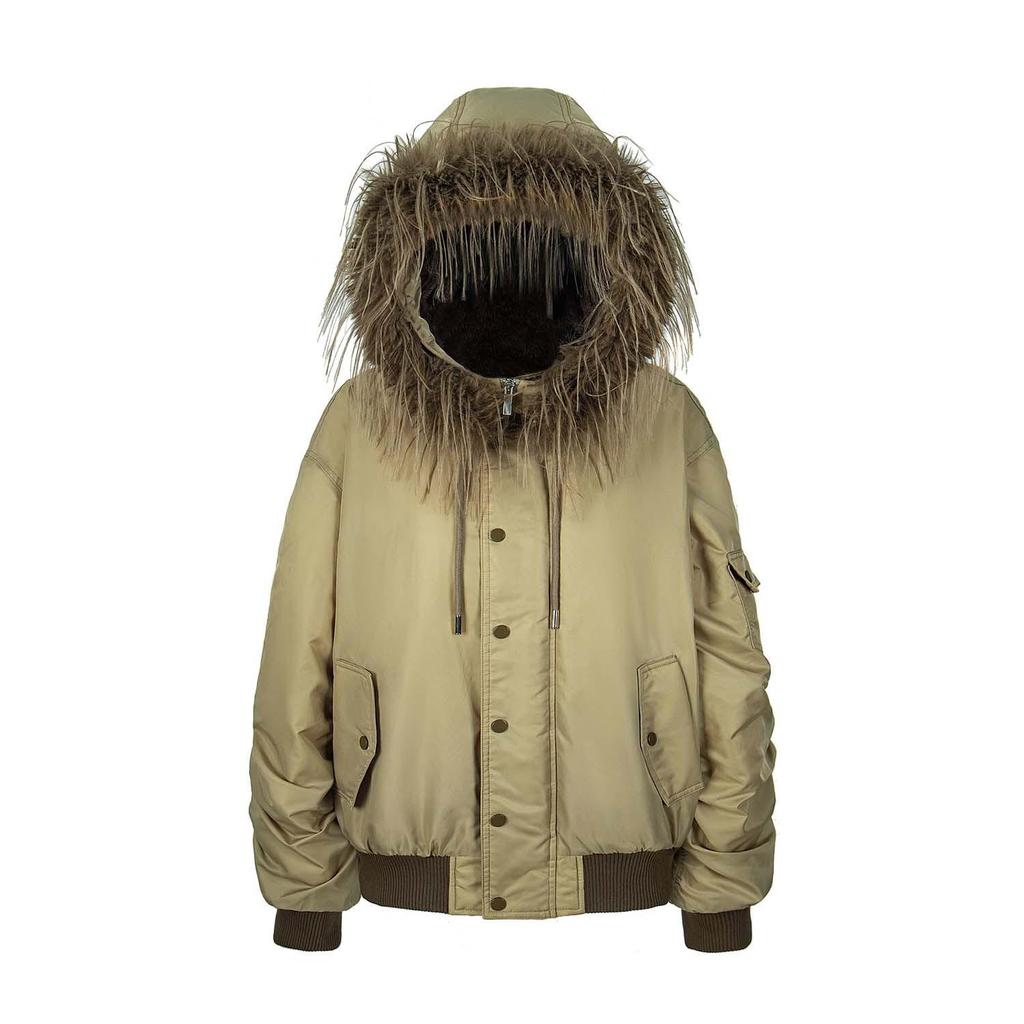American Retro Street Style Hooded Bomber Jacket with Fur Collar, Unisex Autumn/Winter Parka-Style Coat CLE