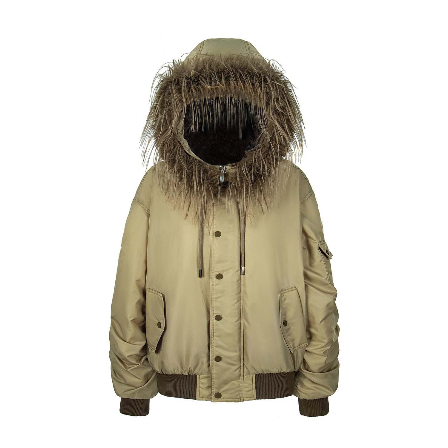 

American Retro Street Style Hooded Bomber Jacket with Fur Collar, Unisex Autumn/Winter Parka-Style Coat S трава зеленый