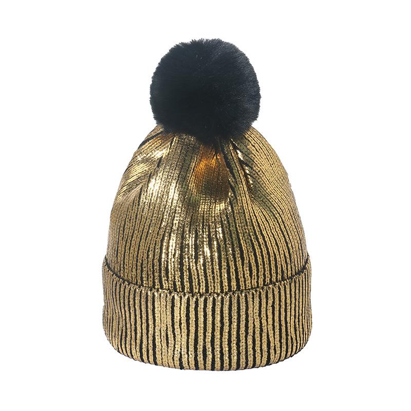 Autumn and Winter Bronzing Wool Hat Colorful Metal Hip-hop Street Hairball Knitted Hat Men and Women