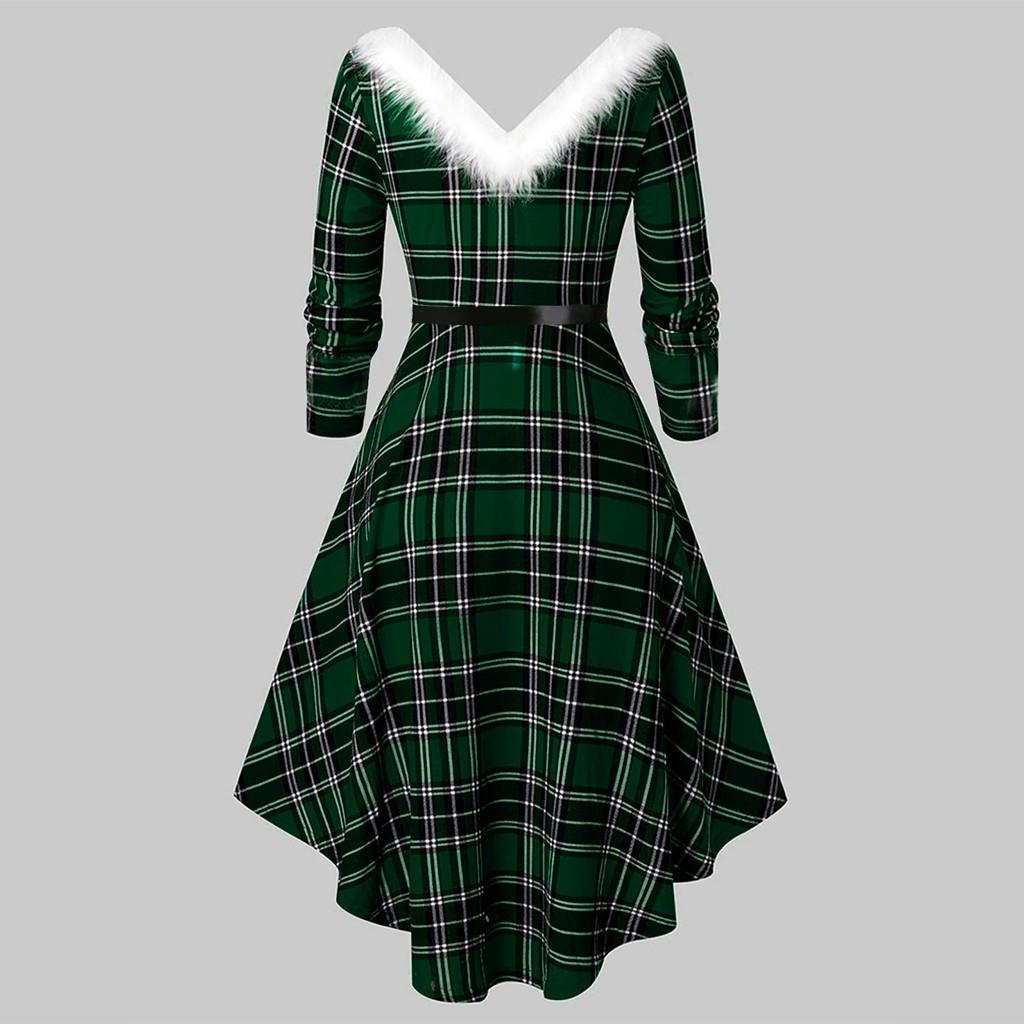 Women's Fashion Retro Christmas Print Dress Ladies Long Sleeve Dress Irregular Design