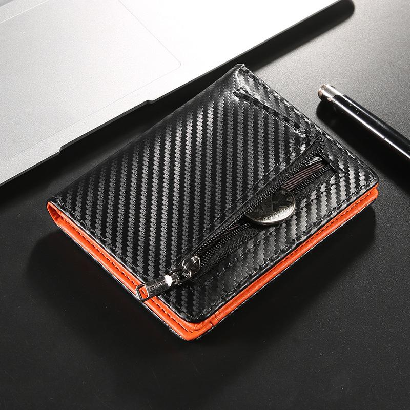 Men Carbon Fiber Wallet RFID Blocking Short Bifold Wallet Zipper Coin Pocket Card Holder Slim ID Window