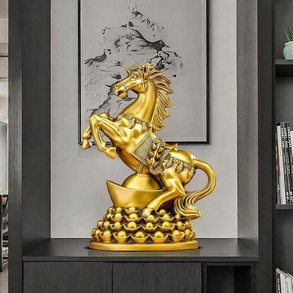 Aris & Juno Messingpferd mit Yuanbao Feng Shui Statue – Chinesische Erfolg & Reichtum Figur für Eingangsbereich, Home-Office Schreibtisch oder Regal Dekoration, Geschenk für