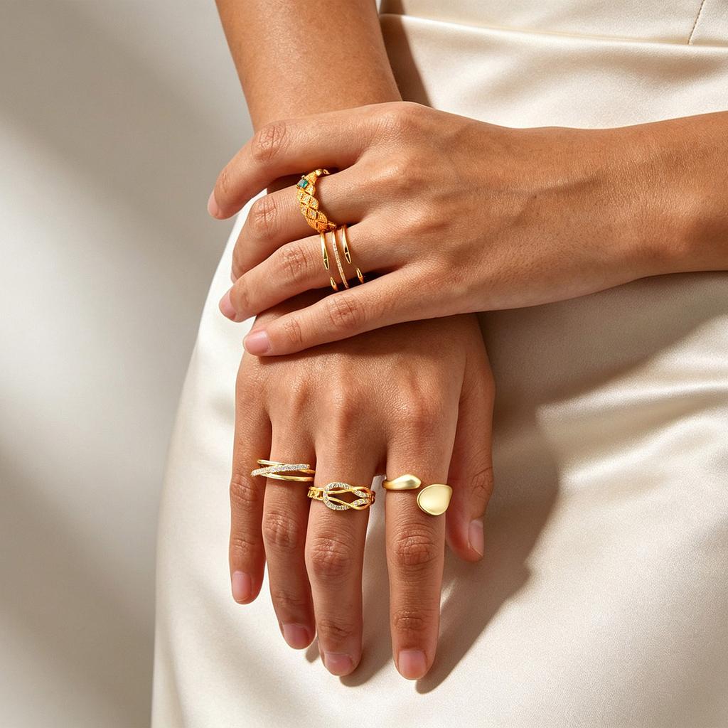 Stainless Steel Adjustable Ring for Women, 18K Gold Plated Emerald Zircon Open Cuff Band Waterproof Tarnish Free Jewelry