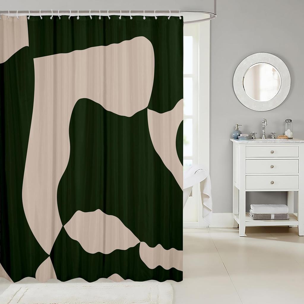 1pc Dark Green and Dark Tan Shower Curtain 72"x72" Geometry Modern Bathroom Shower Curtain Set Neutral Art Bath Curtain