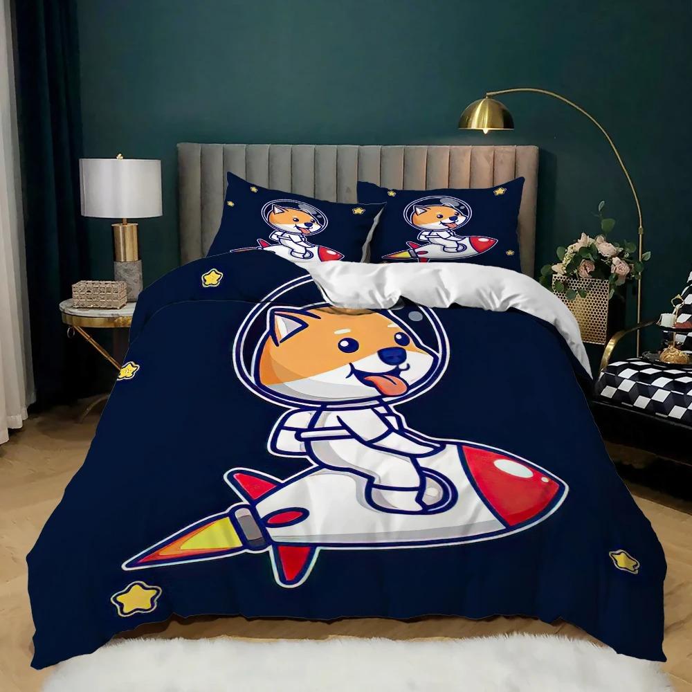 Cartoon Animal Duvet Cover Microfiber Pig Astronaut Red Bedding Set Space Universe Animal Theme King Quilt Cover