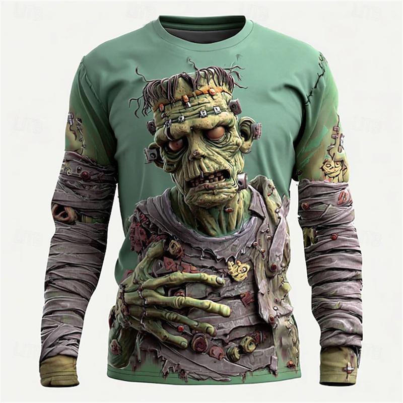 Monster Print Casual Men's Long-sleeved T-shirt Outdoor Vacation Round-neck Long-sleeved Spring and Autumn Clothing
