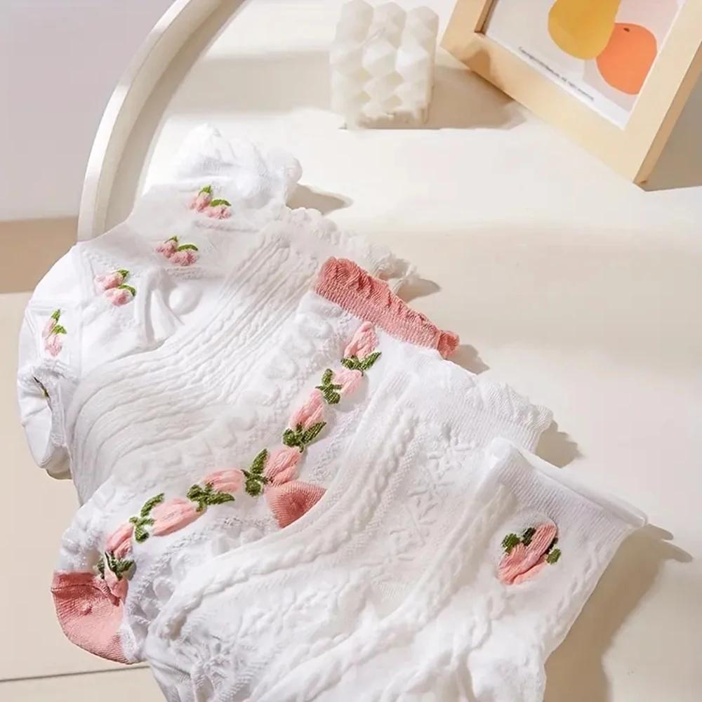 5 Pairs Cute Lace Mid Tube Socks Women's  Ruffled Harajuku Style Autumn Winter Soft Versatile Fashionable Girl Socks